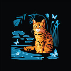 Captivating vintage inspired stupell style illustration of an orange tabby Stupell cat