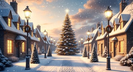 A charming snowcovered village street lined with quaint houses and lampposts, featuring a beautifully decorated christmas tree at its center during a gentle snowfall