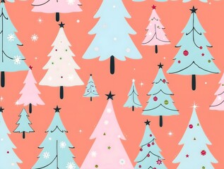 Obraz premium abstract pop art pastel neon illustration of stylized pattern featuring Christmas trees with soft pink and baby blue hues on warm coral background