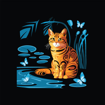 Captivating vintage inspired stupell style illustration of an orange tabby Stupell cat