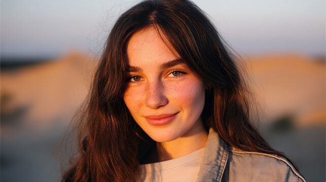 A charming woman with long hair posing gently, showing her elegant appearance and soft temperament, suitable for portrait themes that highlight personal charm and graceful style.