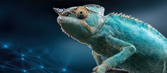 A vibrant turquoise chameleon, sharply in focus, is shown in profile against a dark blue background featuring an abstract network of glowing nodes and lines, suggesting connectivity or technology