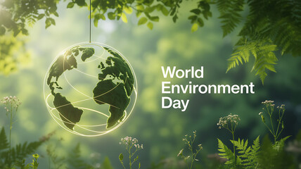 World Environment Day illustration featuring a glowing Earth suspended in a lush green forest