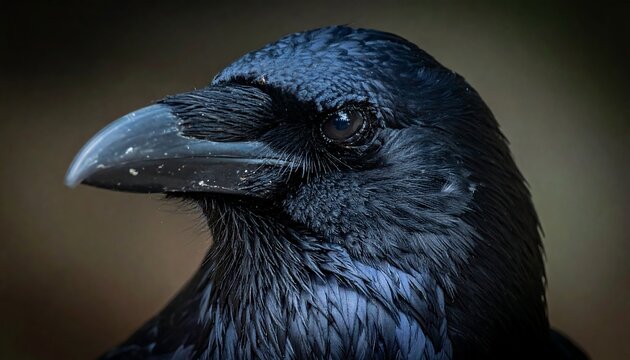 A close-up portrait of a black bird featuring a large, curved beak, intense eye, and dark, glossy plumage