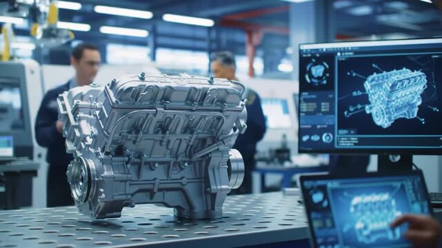Silver Automotive Engine Block on Metal Grid Table with Technical Drawings on Screens in Modern Industrial Blue Toned Setting