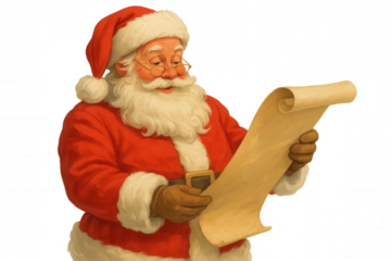 Santa claus reading children's list, checking gifts for christmas celebration, vintage holiday illustration