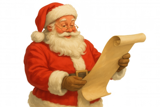 Santa claus reading children's list, checking gifts for christmas celebration, vintage holiday illustration