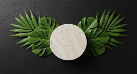 Natural Stone Podium Surrounded By Lush Green Tropical Leaves On Dark Background