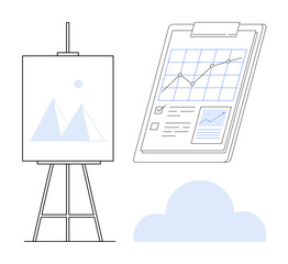 Easel with geometric shapes and scenery, clipboard with graph and checklist, and a cloud icon. Ideal for data presentation, analytics, strategy, report design, productivity, cloud storage simple