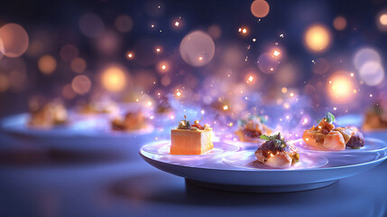 Gourmet appetizers with artistic food presentation in fine dining style