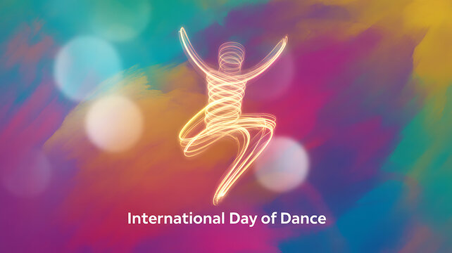 International Day of Dance celebration with a glowing dancer silhouette against a colorful abstract background - Powered by Adobe