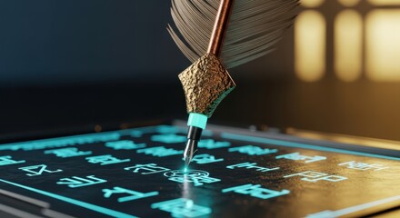 Feather Quill Writing Ancient Glowing Symbols on Digital Tablet