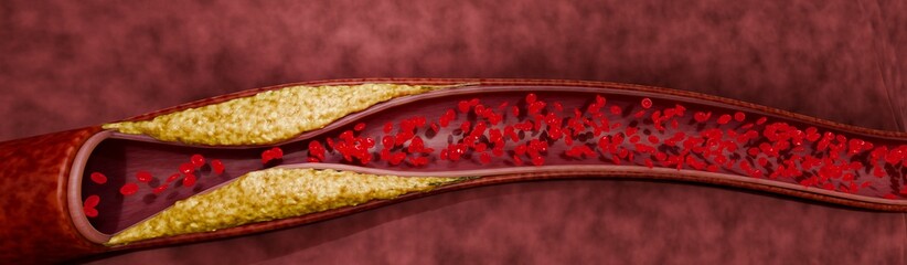 Artery clogged by unhealthy junk food, sugary drinks, and alcohol, illustrating serious cardiovascular risks, atherosclerosis, and heart disease problems in human blood vessels. 3D rendering.