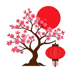 Cherry blossom tree with lantern and sun