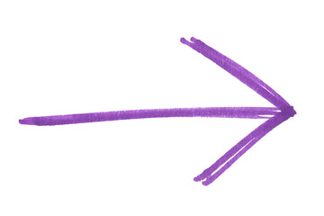 Hand drawn purple arrow sketch with marker brush stroke, abstract ink pointer symbol for direction, business design, doodle icon, simple isolated sign element on transparent background