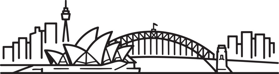 Sydney Australia City Skyline With Opera House Harbour Bridge Silhouette Outline Graphic