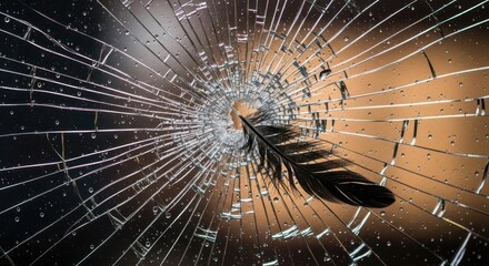 Fragile Feather Shattering Through Broken Glass Surface
