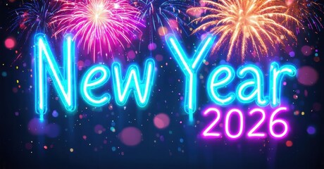 Bright neon text displays New Year 2026 over colorful fireworks. Festive background creates celebratory mood. Vivid colors dominate scene.