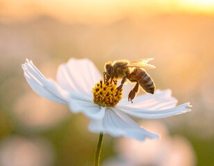 Abeja polinizar flor blanca