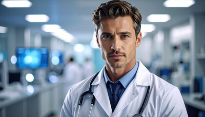 Obraz premium Portrait of a Confident Doctor with Stethoscope in Futuristic Hospital Setting with Ultra Sharp Detail and Cinematic Lighting
