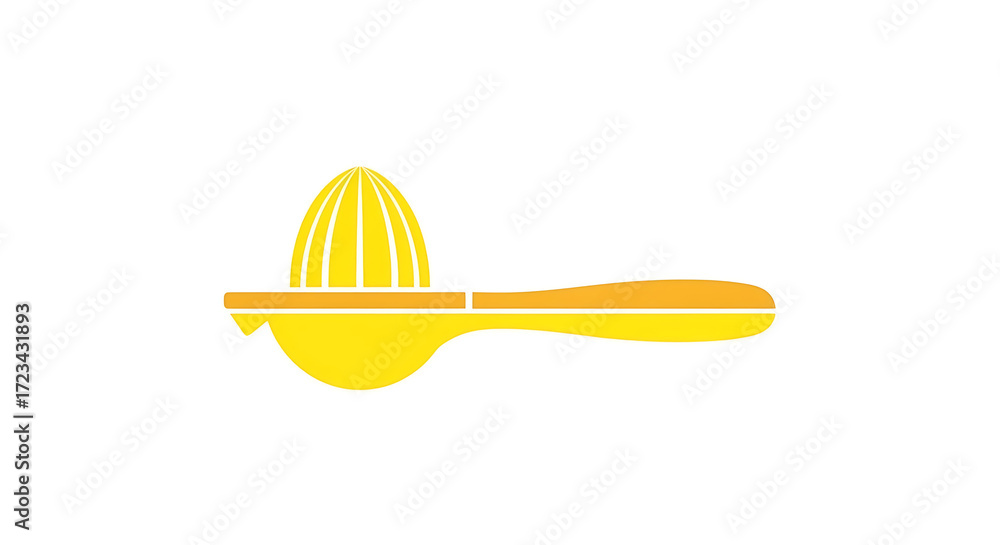 Poster a yellow lemon squeezer with a handle is centered on a plain white background in a simple illustrati