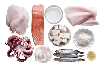 Assortment of fresh seafood including salmon, octopus, fish, and lemon isolated on transparent background