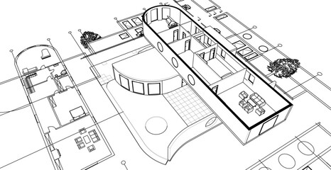 cottage planning sketch 3d illustration	
