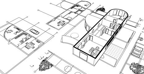 cottage planning sketch 3d illustration	
