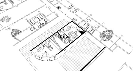 cottage planning sketch 3d illustration	
