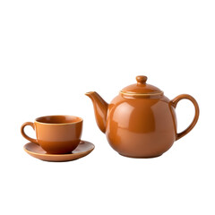 Brown Ceramic Teapot and Cup with Saucer on Black Background graphic design