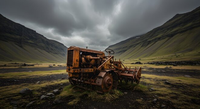 Abandoned rusty tractor landscape