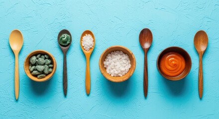 Various Spoons and Bowls Filled With Ingredients For Cooking and Seasoning