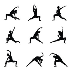 Nine black yoga pose silhouettes on white background