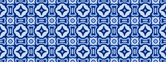 A symmetrical repeating geometric pattern with a mid-century modern abstract feel in varying shades of blue.