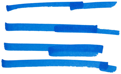 Hand drawn blue marker brush strokes set, abstract ink lines collection for underline, highlight, text divider, design element, doodle sketch, isolated simple shapes on transparent background
