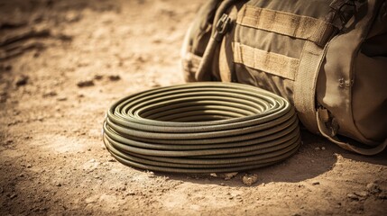 Fototapeta premium Coiled Green Utility Hose Next to a Military Backpack on Ground