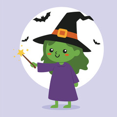 Cute female witch character posing holding a magic wand in front of a full moon