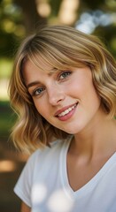 Fototapeta premium Young Caucasian woman with short blond wavy hair and bangs smiling in soft natural light. Wearing white t-shirt outdoors. Concept: youth, beauty, natural lifestyle