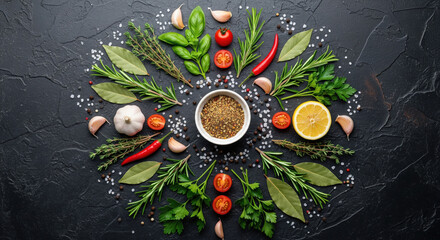 Herb spice lemon chili garlic tomato basil parsley bay leaf rosemary arranged in circular pattern on dark stone background creating fresh and vibrant culinary composition