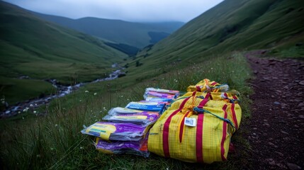Colorful Camp Gear on Grassy Trail in Tranquil Mountain Landscape