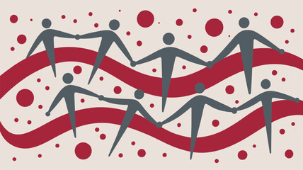 Abstract illustration of people holding hands with red waves and dots on a cream colored background