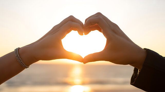 Two hands forming a heart shape against a sunset over the ocean