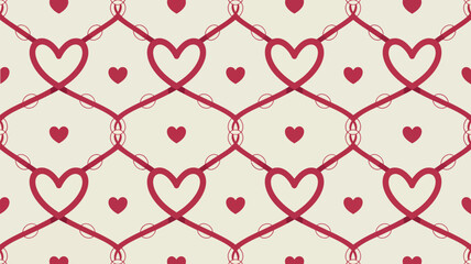 Red heart pattern with connected lines and circles on a cream background forming a seamless design