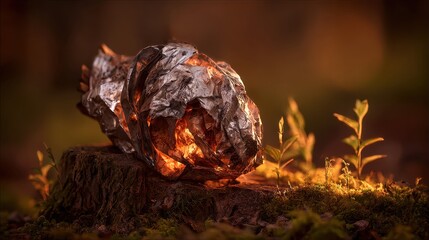 Glowing Foil Object on Tree Stump Surrounded by Fresh Green Plants