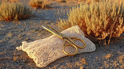 Golden Scissors on a Rustic Fabric Pouch in a Desert Landscape