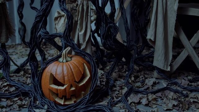 Eerie pumpkin amidst twisted vines and shadows in creepy garden setting