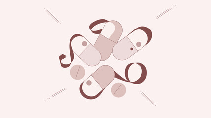 Illustration of pills and tablets with decorative ribbon on a light pink background art concept