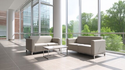 Fototapeta premium Modern Minimalist Lounge Area with Soft Seating and Natural Light in an Open Space Environment