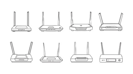 Collection of wireless routers with antennas displayed from different angles silhouette