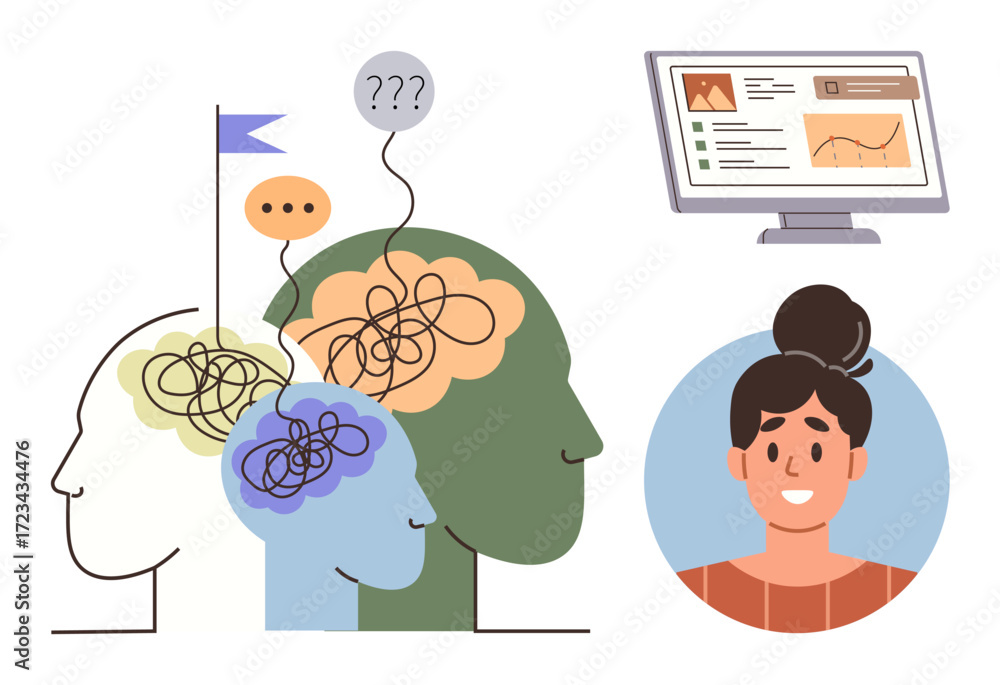 Poster overlapping human profiles with tangled thoughts, speech bubbles, and guiding flag alongside a smili